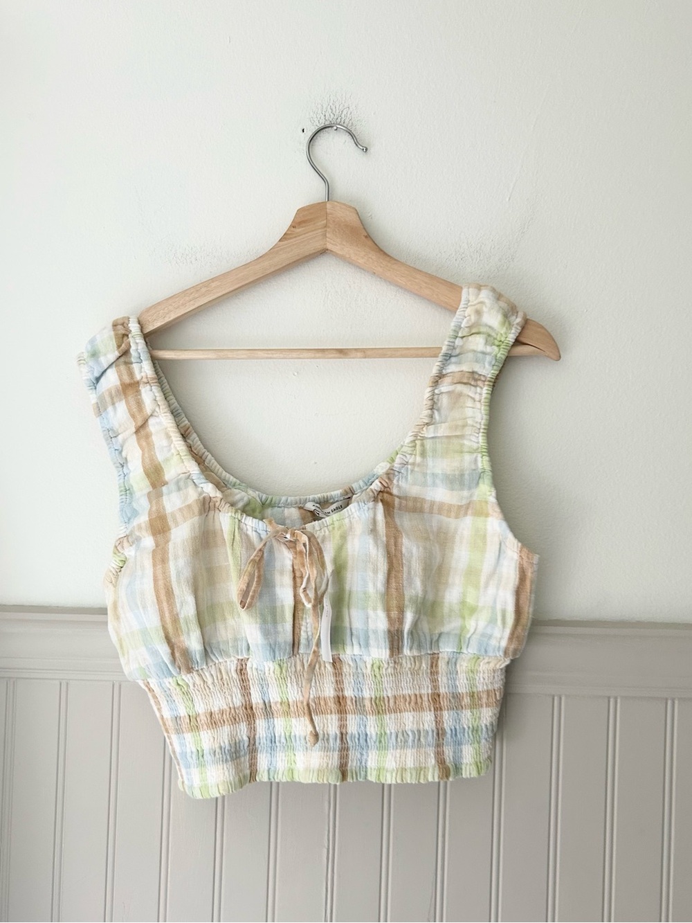 ⭐️ NEW American Eagle Outfitters Large Pastel Plaid Smocked Crop Linen Blend